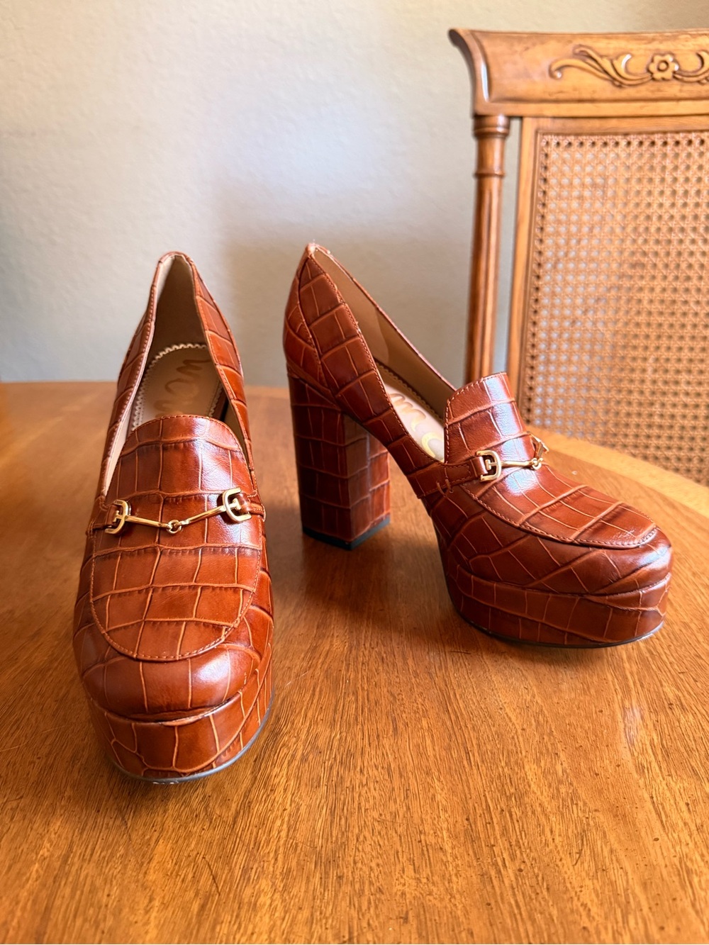 Sam Edelman Cognac Croc-Embossed Platform Block Heel Loafers NEW